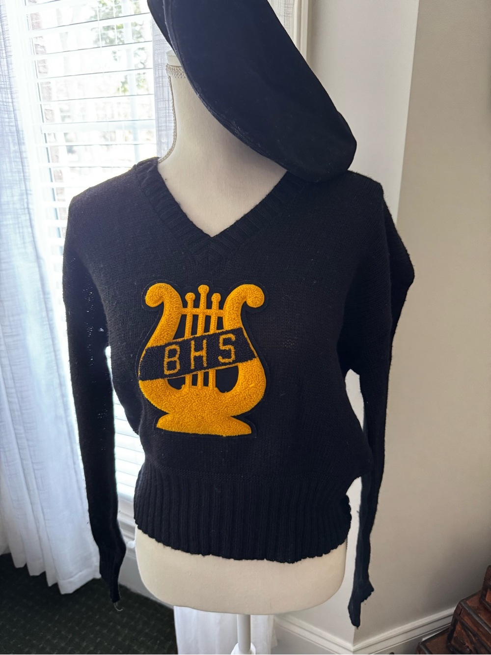 Vintage 50’s Navy V-Neck Sweater with Band Gold BHS Emblem with Matching Beret